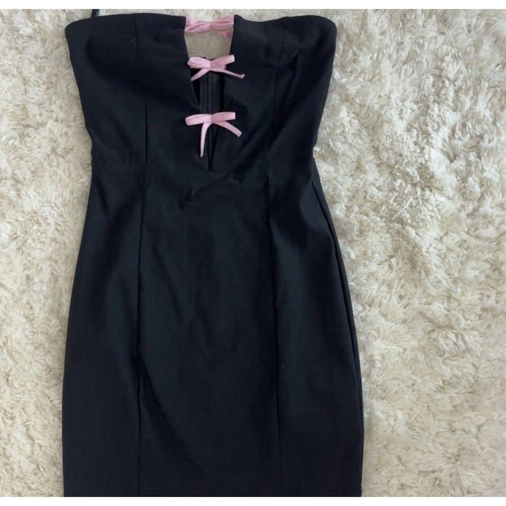 Motel Rocks Novara Mini Dress Black with Pink Bows, Size S
